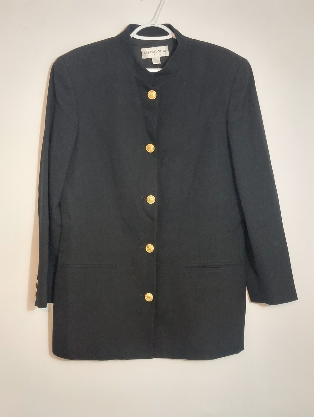 Womens Vintage Liz Claiborne Black 100%  Wool Gold Buttons Long Jacket sz 14